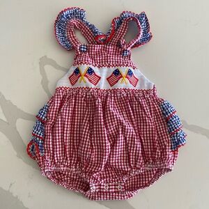 Gingham bubble romper with embroidered flags